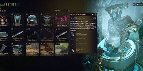 Acrithis menu items in the Exchange Scuttler Husks section. 