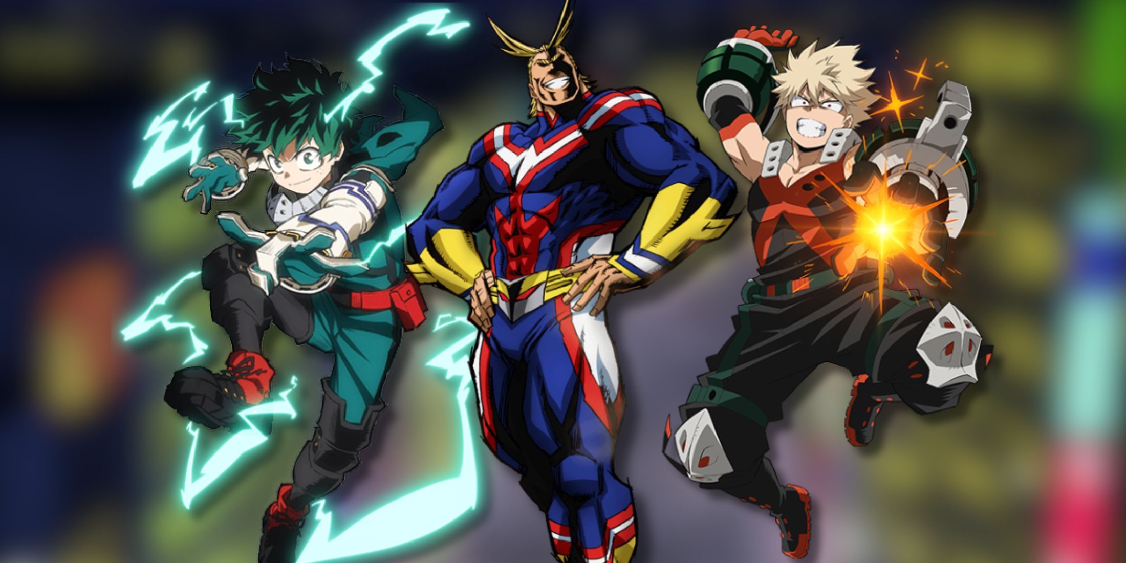 A collage of three My Hero Academia who won a lot of fights: Izuku Midoriya (Deku), Toshinori Yagi (All Might) and Katsuki Bakugo (Dynamight)