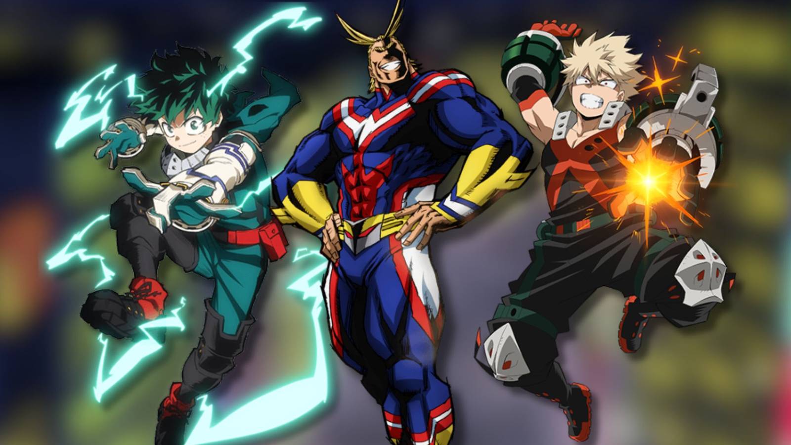 A collage of three My Hero Academia who won a lot of fights: Izuku Midoriya (Deku), Toshinori Yagi (All Might) and Katsuki Bakugo (Dynamight)