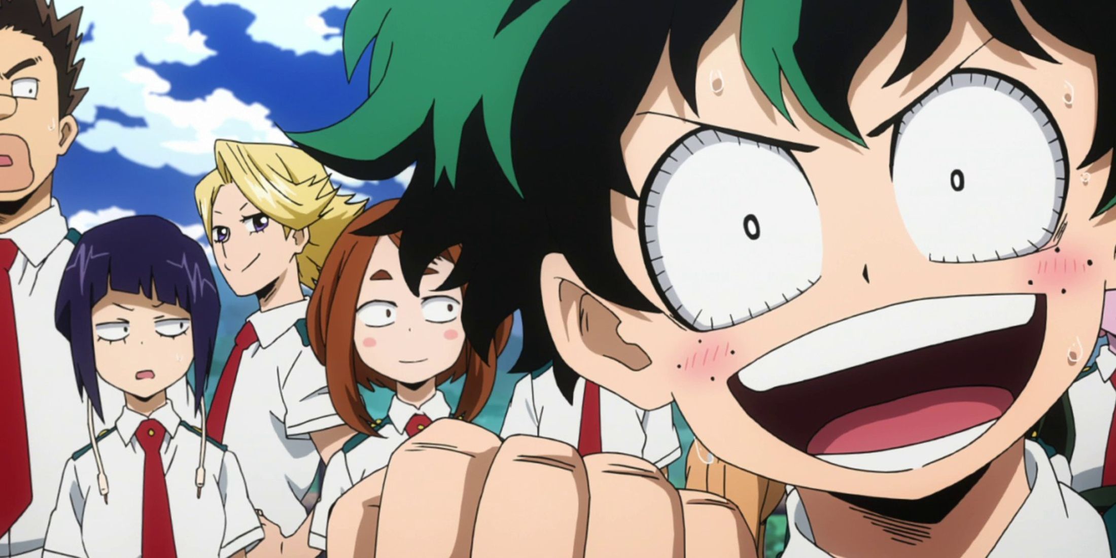 picture: an excited izuku and other characters from my hero academia.