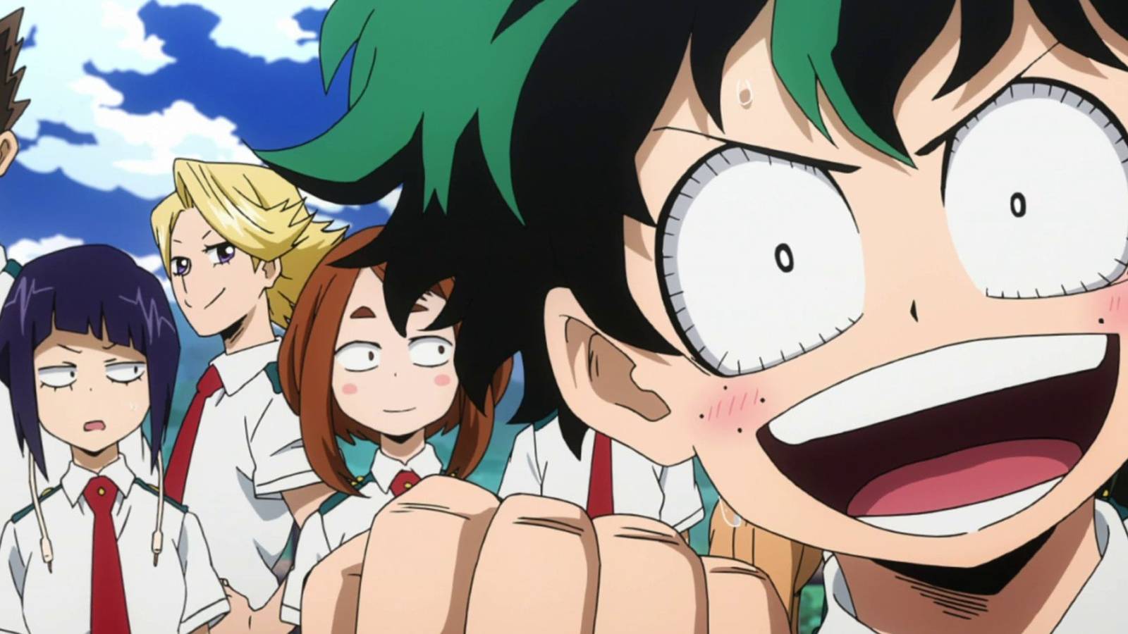 picture: an excited izuku and other characters from my hero academia.