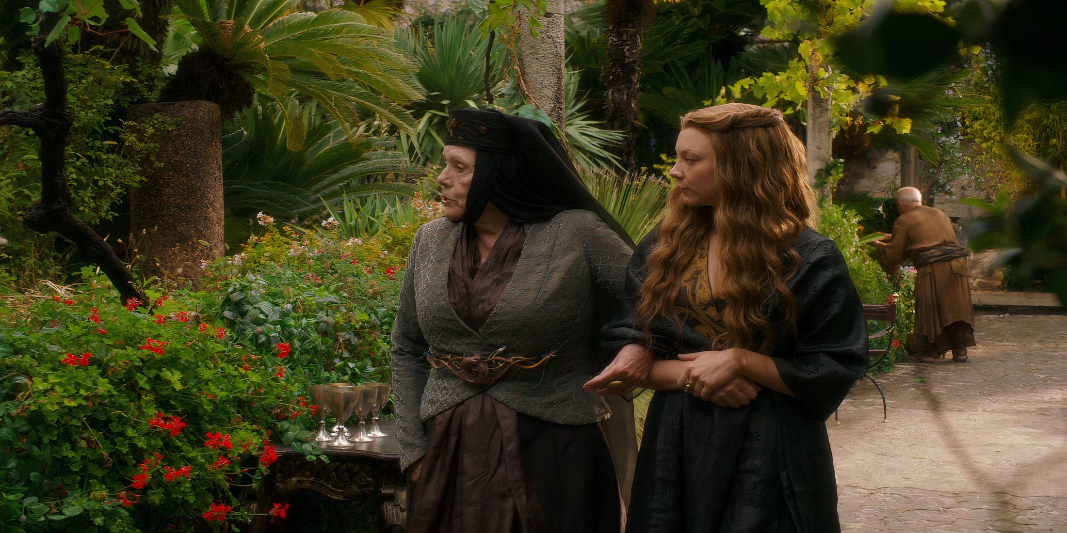 Olenna and Margaery Tyrell walking through the gardens in Game of Thrones