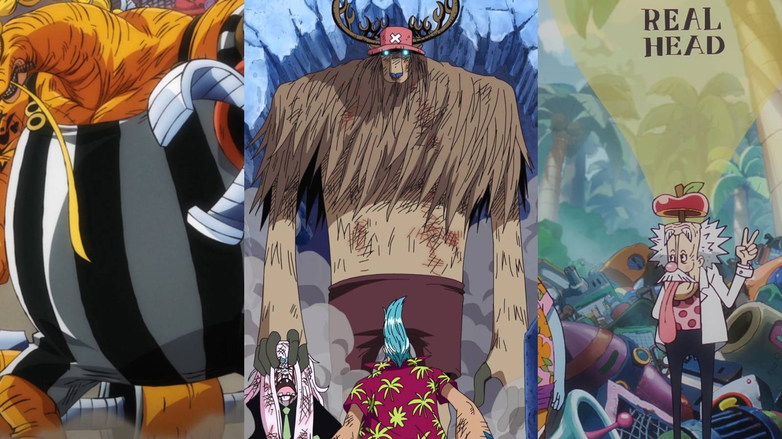 A collage of three One Piece characters who modified their respective Devil Fruits: Queen, Tony Tony Chopper and Doctor Vegapunk.