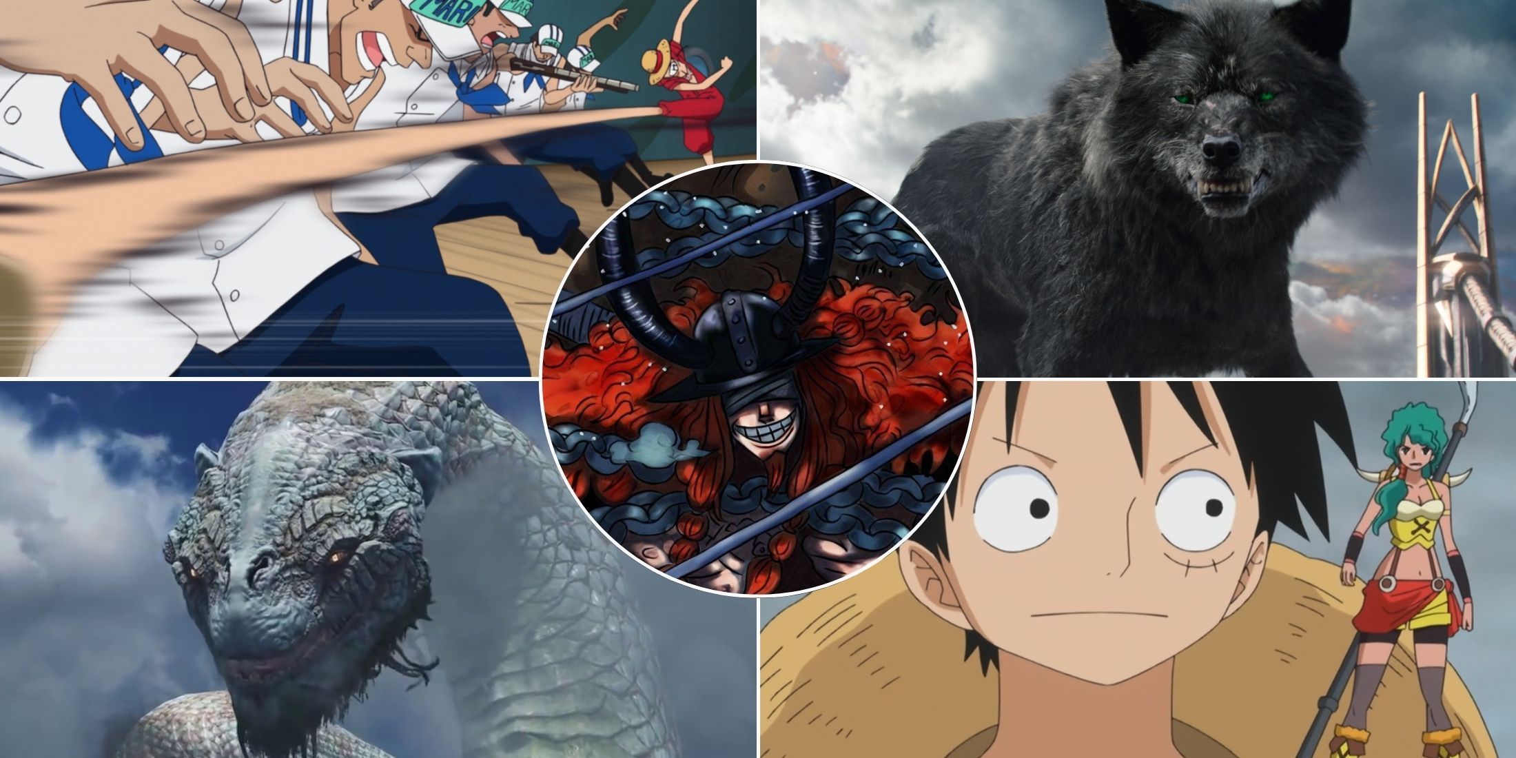 A collage of Loki from One Piece an four possible Devil Fruit powers he could have: the Gomu Gomu no Mi, a Fenrir Zoan, a Jormungandr Zoan and the Mini Mini no Mi.