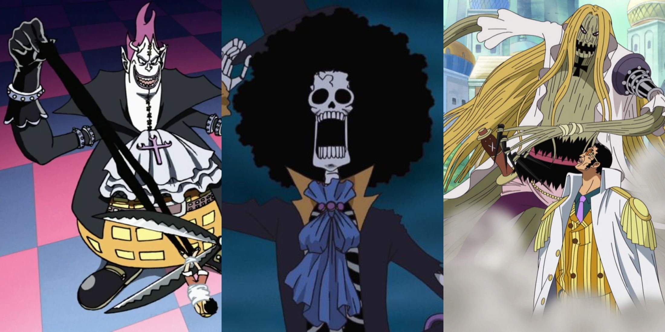 A collage of three One Piece characters with selfish Devil Fruits: Gecko Moria (Kage Kage no Mi), Brook (Yomi Yomi no Mi) and Basil Hawkins (Wara Wara no Mi)