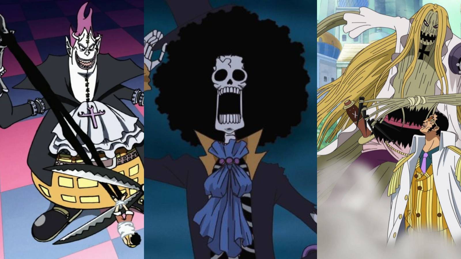 A collage of three One Piece characters with selfish Devil Fruits: Gecko Moria (Kage Kage no Mi),  Brook (Yomi Yomi no Mi) and Basil Hawkins (Wara Wara no Mi)