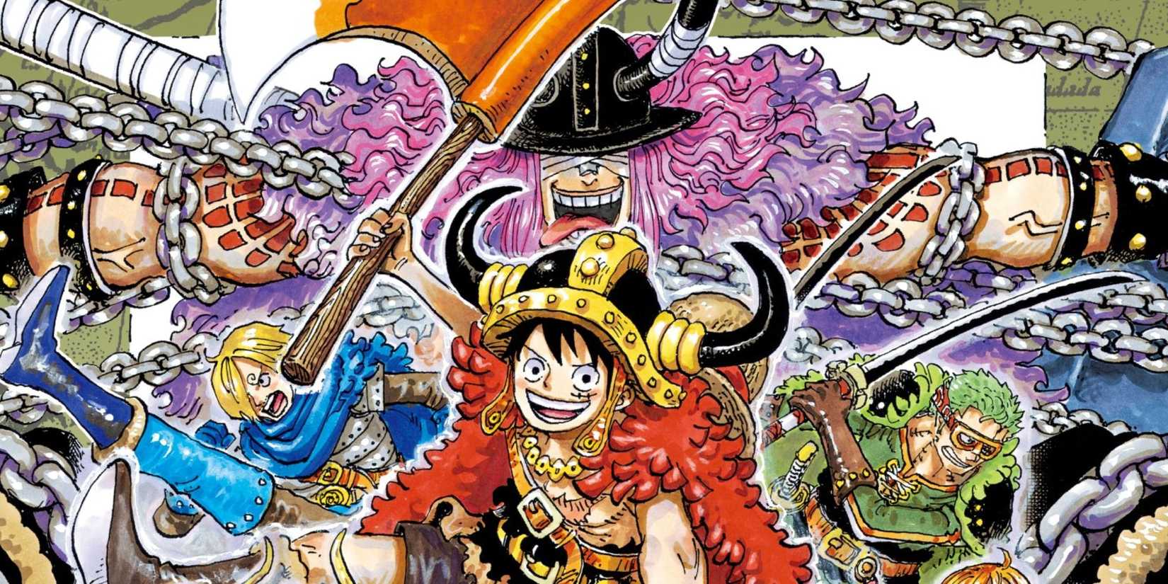 A screenshot from One Piece Volume 111 showing Loki with the Straw Hat Pirates.