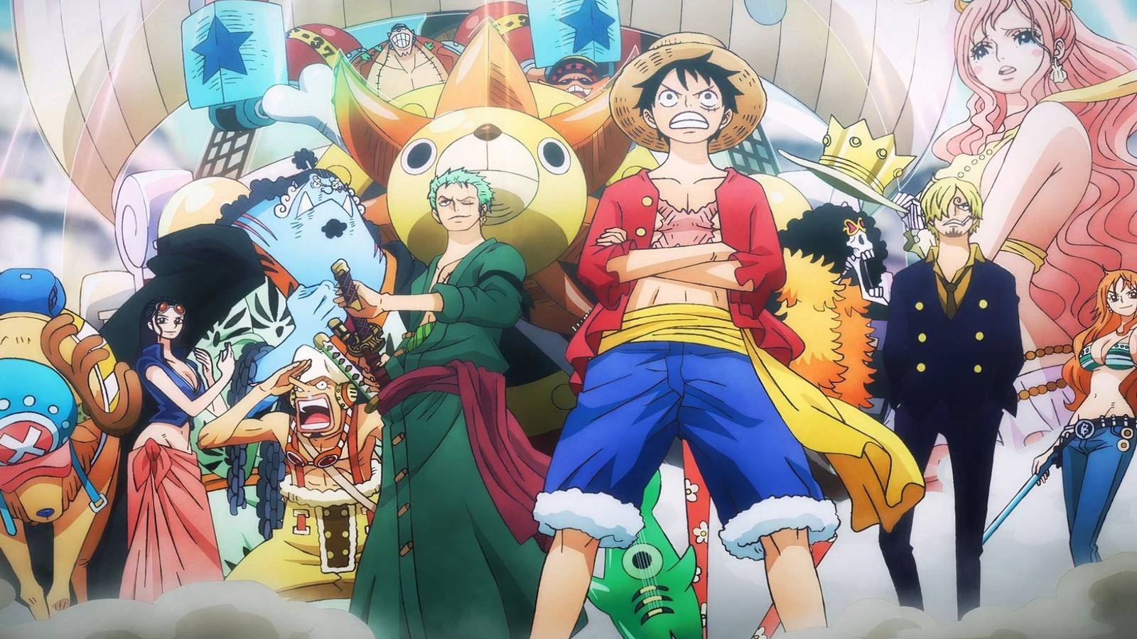 A group shot of the Straw Hat Pirates (and Shirahoshi) in the Fish-Man Island remastered arc - One Piece