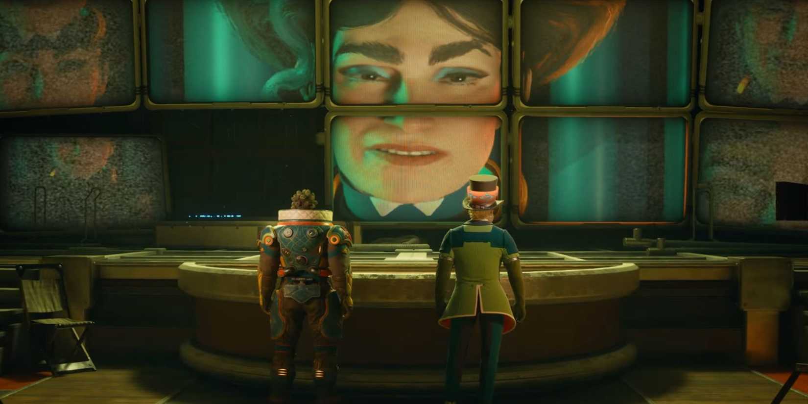 Outer Worlds 2 trailer screenshot Auntie Cleo on tv screens