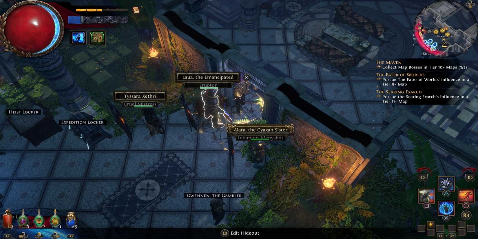 Path of exile  cruel mistress eruptor and manyshot mercenaries in hideout