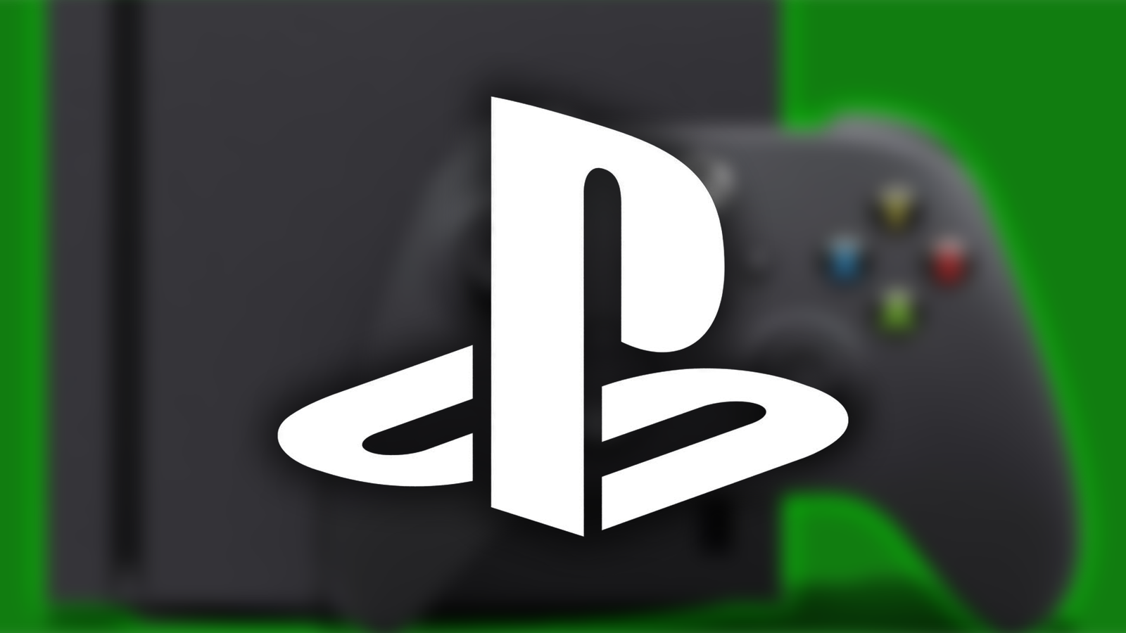 PlayStation logo emblem over slightly blurred Xbox Series X on green background