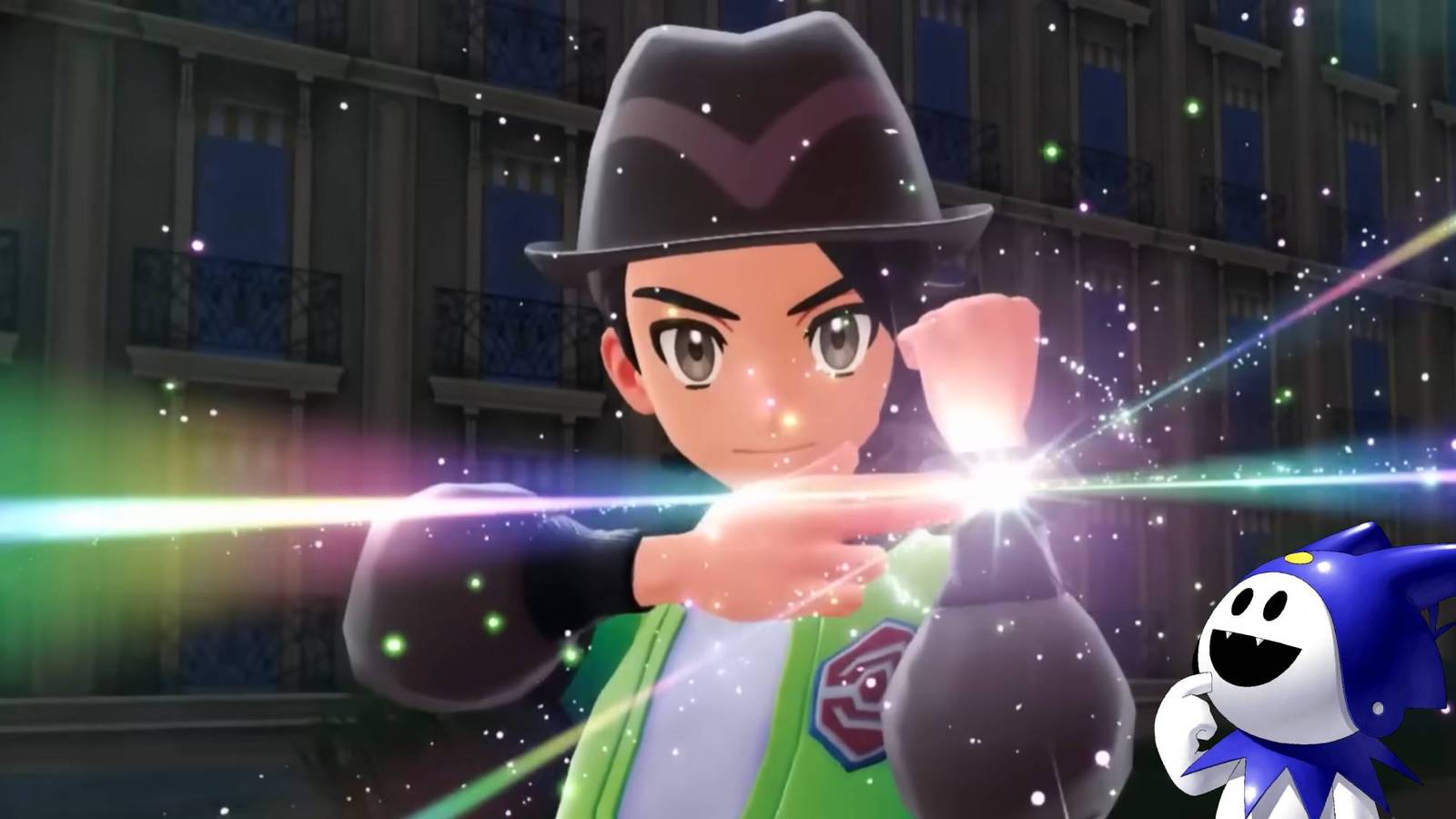 Protagonist from Pokemon Legends: Z-A trailer activating mega evolution while Jack Frost watches