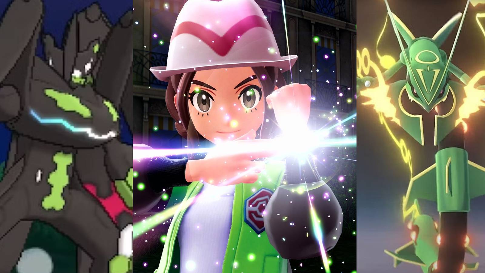 Zygarde 100% in Sun & Moon; a player using Mega Evo in Legends Z-A; Mega Rayquaza in Pokemon Go art