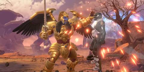 Goldar fighting a Black Ranger in Power Rangers: Battle For The Grid