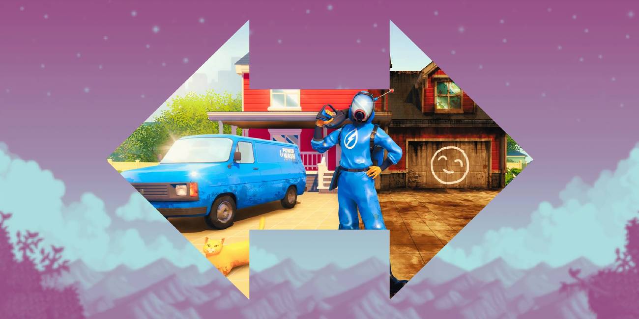 PowerWash Simulator Powerwasher in arrow frame over pink blurry background of Stardew Valley game cover