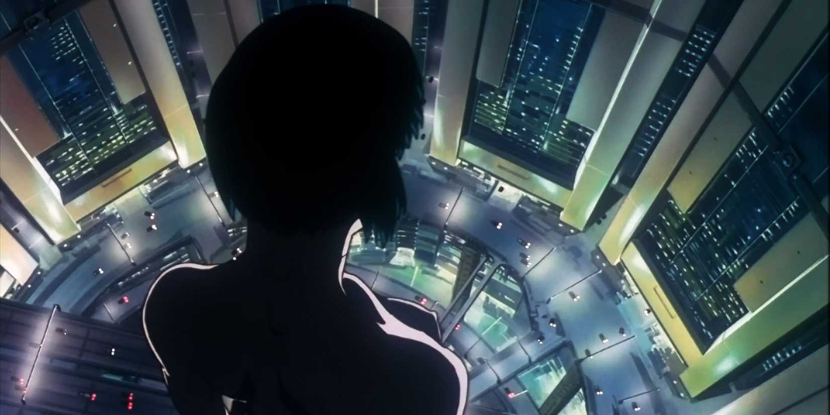The main character looking at the scenery of Ghost in the Shell.