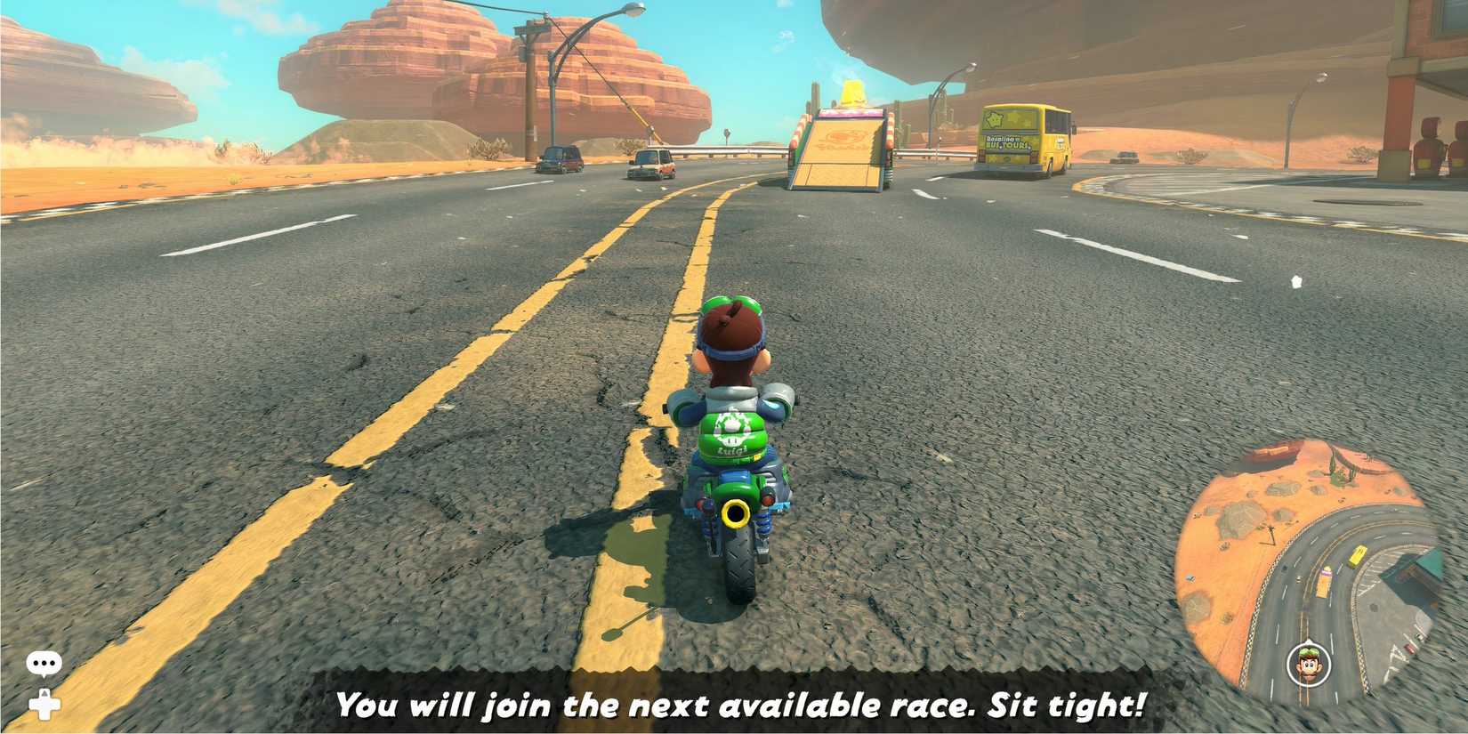 Racing with Luigi in the multiplayer lobby in Mario Kart World