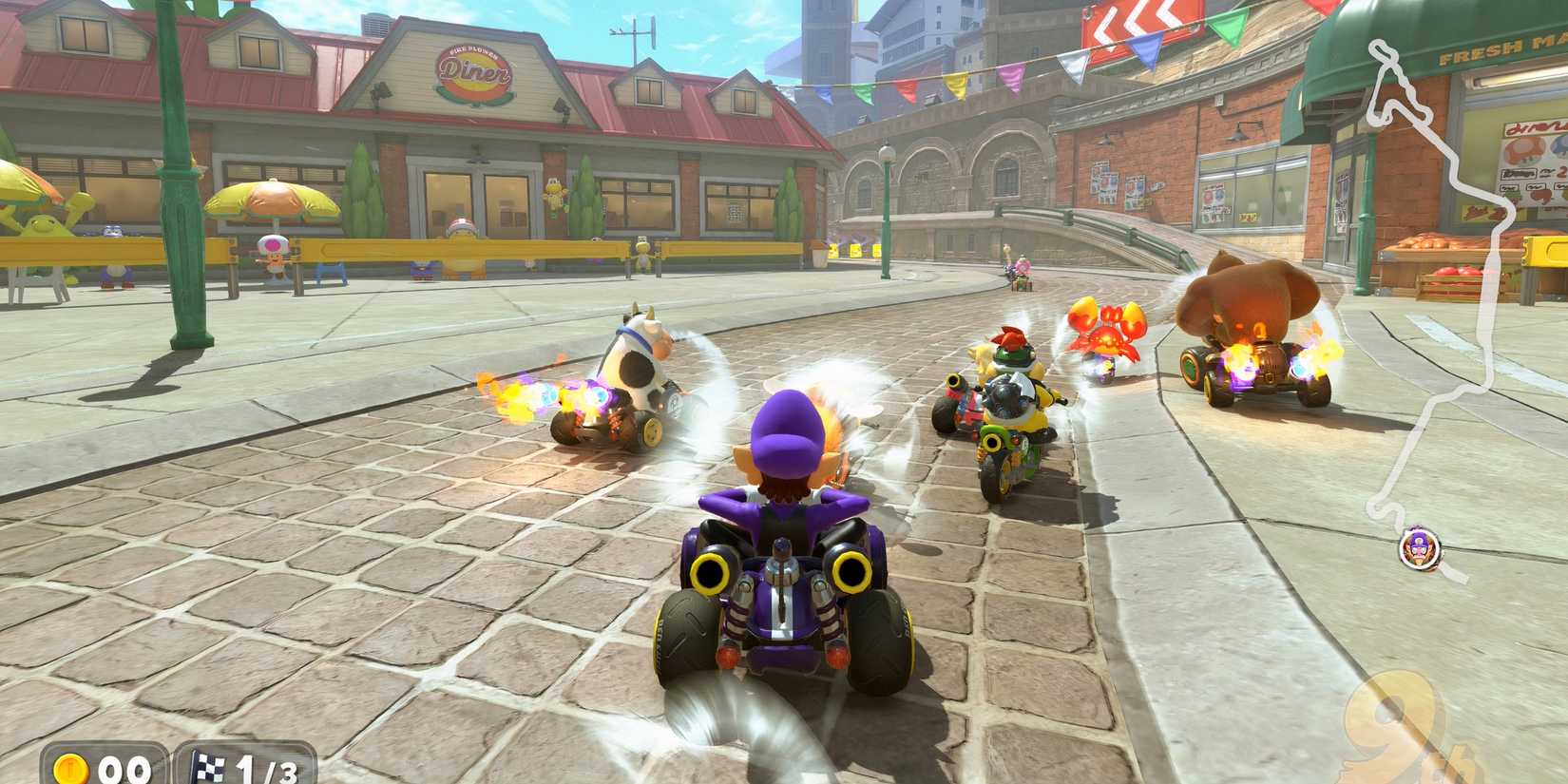 Racing with Waluigi in Mario Kart World