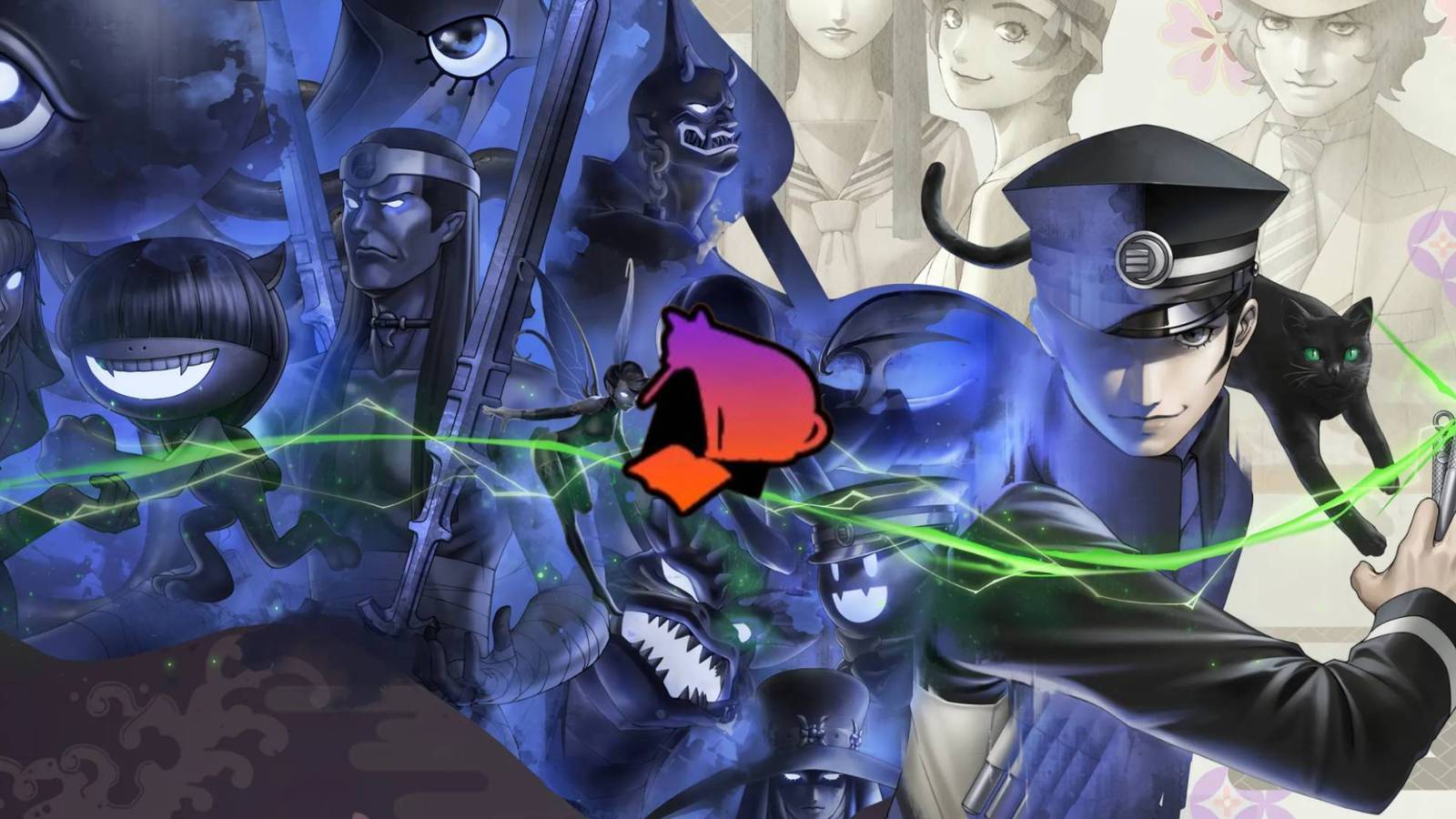 Logo of Gouto-douji writing in the detective journal over Raidou Remastered's cover art