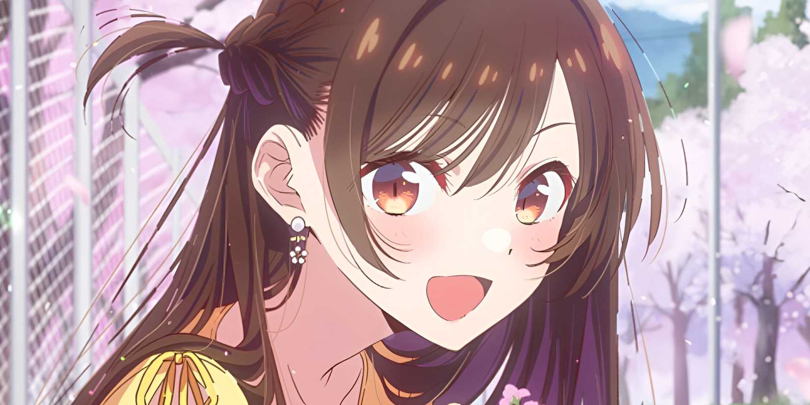 rent a girlfriend chizuru smiling holding a flower