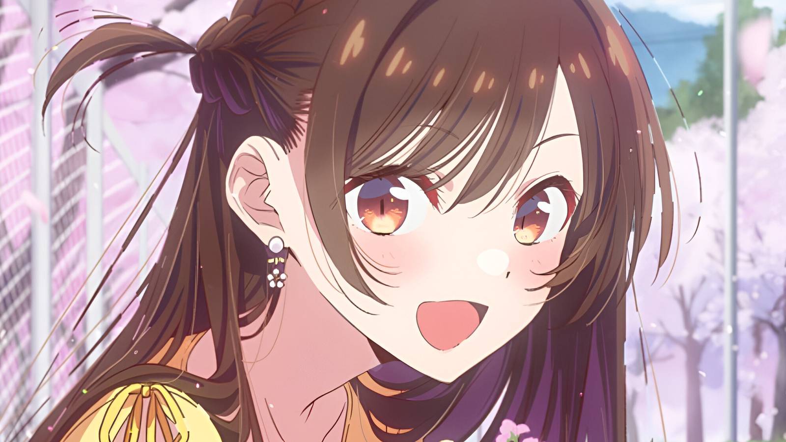 rent a girlfriend chizuru smiling holding a flower