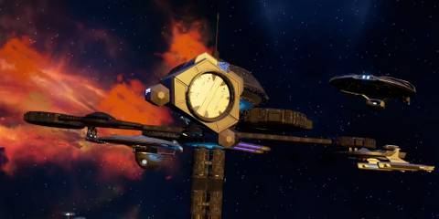 a space shuttle approaching a fleet