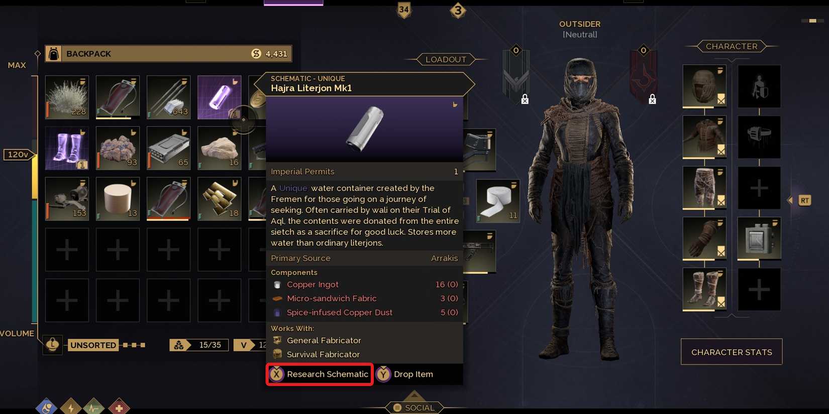 research Hajra Literjon Mk1 blueprint in dune awakening