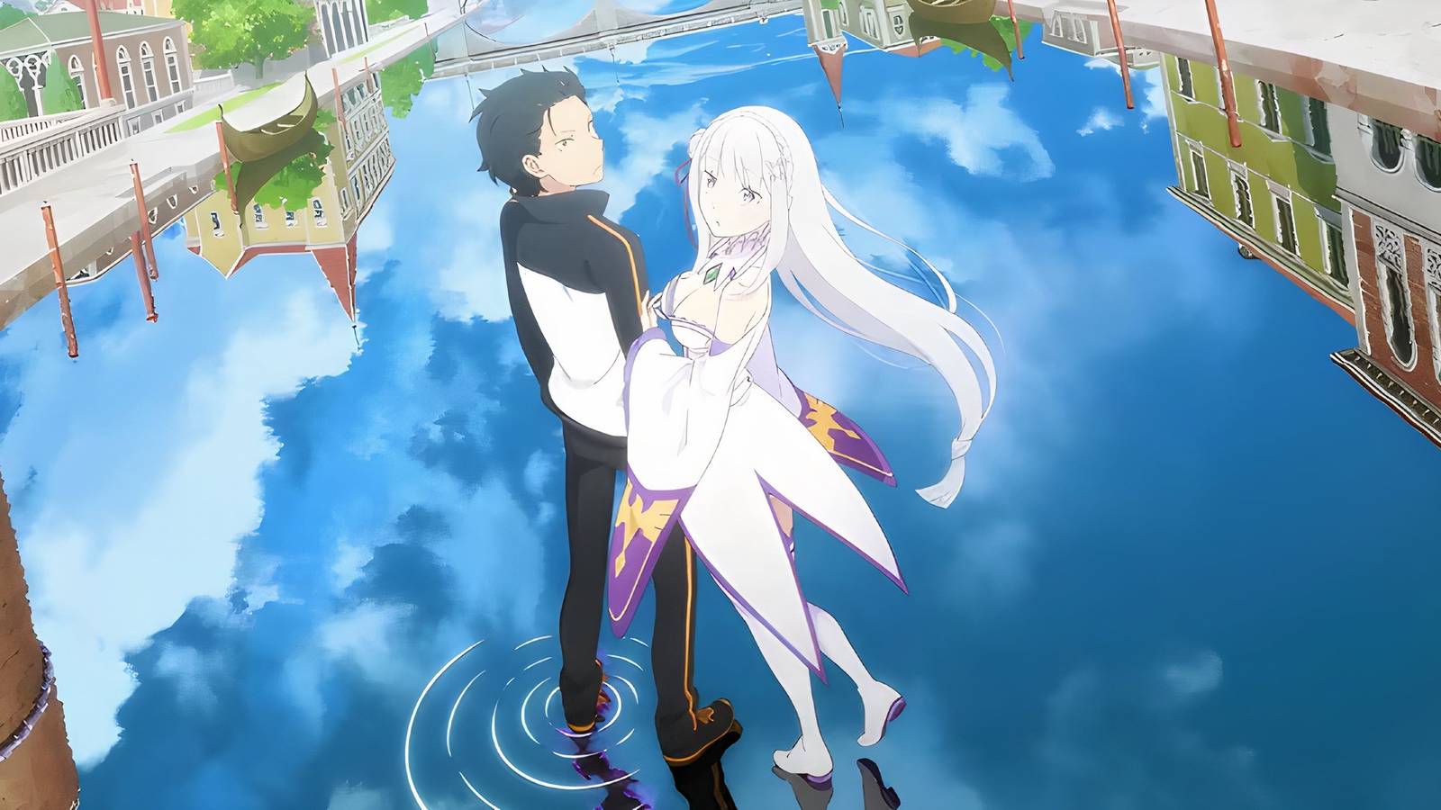 rezero-starting-life-in-another-world-emilia-and-subaru-standing-on-the-water-that-reflects-thje-sky-with-a-bridge-in-the-background(1)