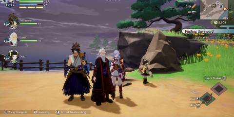 Image of the characters Sakaki, Suzu, Murasame, and the main character in a party in Rune Factory: Guardians of Azuma