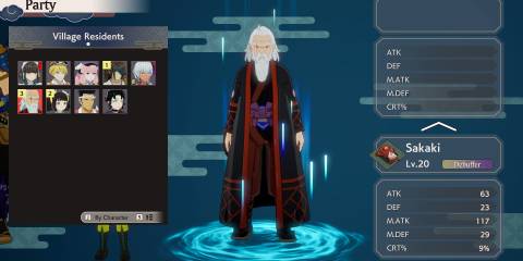 Image of the character Sakaki and his stats in Rune Factory: Guardians of Azuma