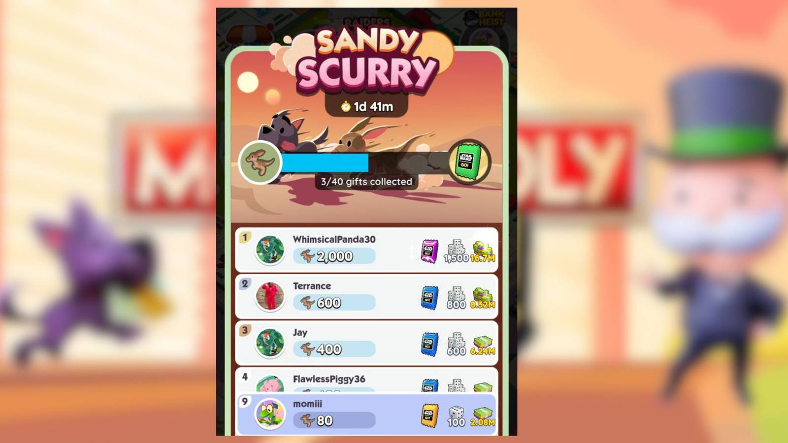 sandy scurry monopoly go