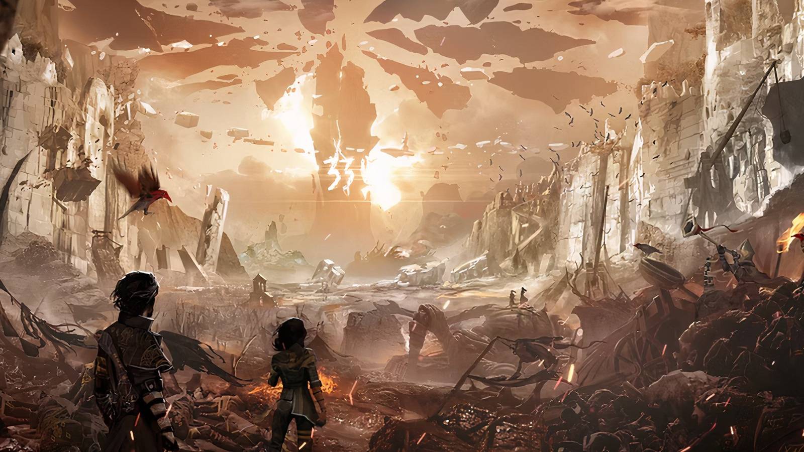 Clair Obscur Expediiton 33: Gustave and Lune walking towards the Monolith