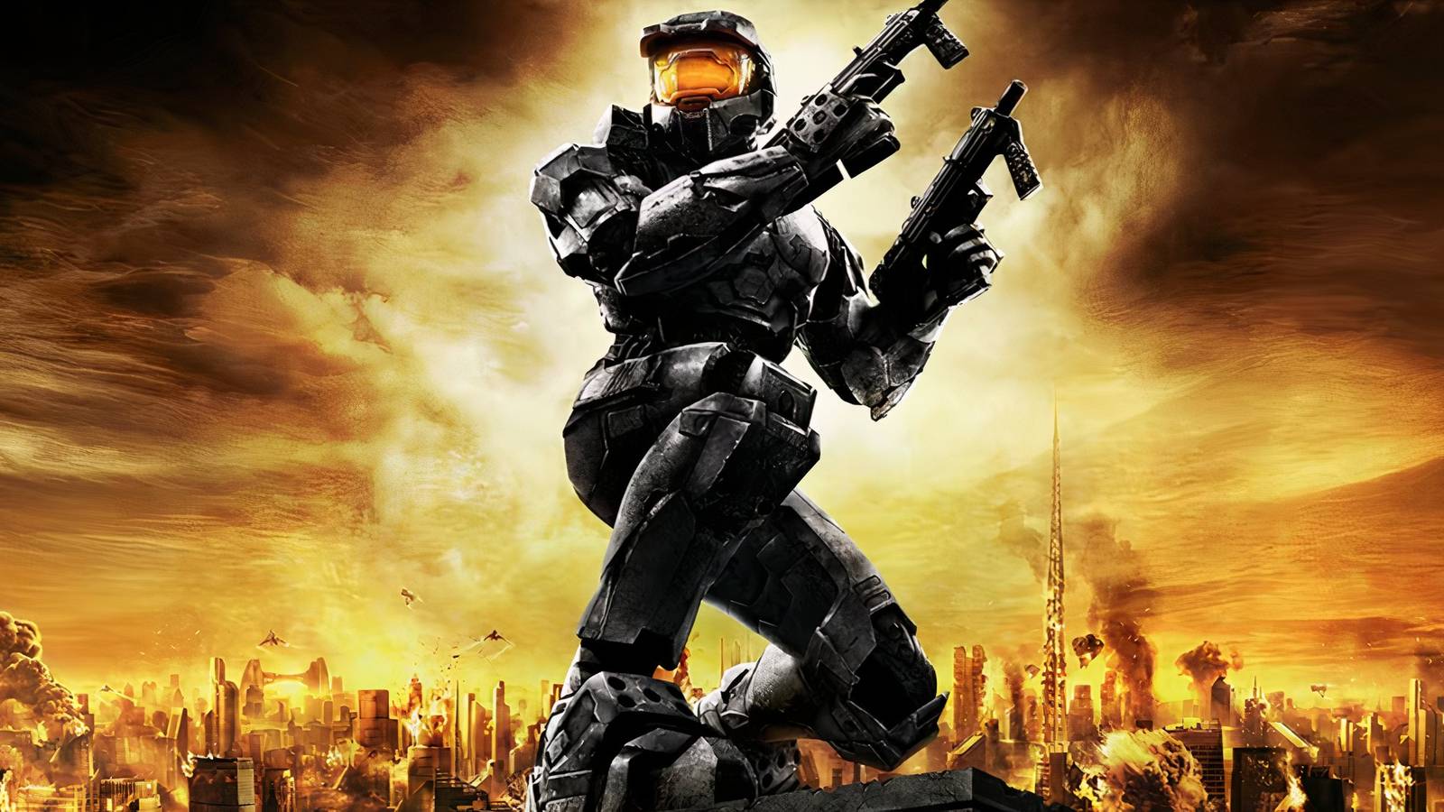 Master Chief holding two SMGs in Halo 2