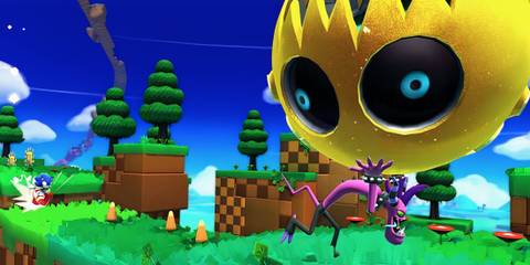 Sinister Six carrying a yellow ball with Sonic in the background