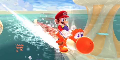 Mario riding a red yoshi across water