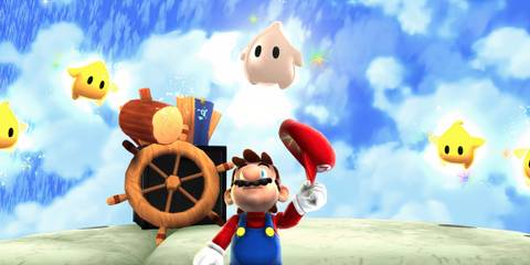 Mario with numerous Lumas flying around him 