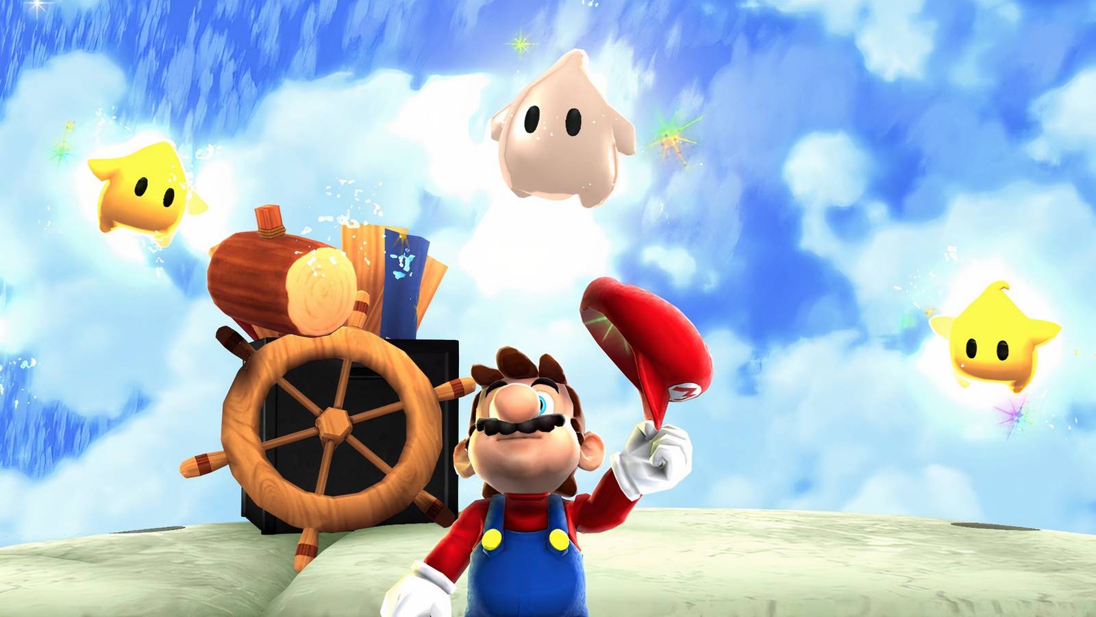 Mario with numerous Lumas flying around him 