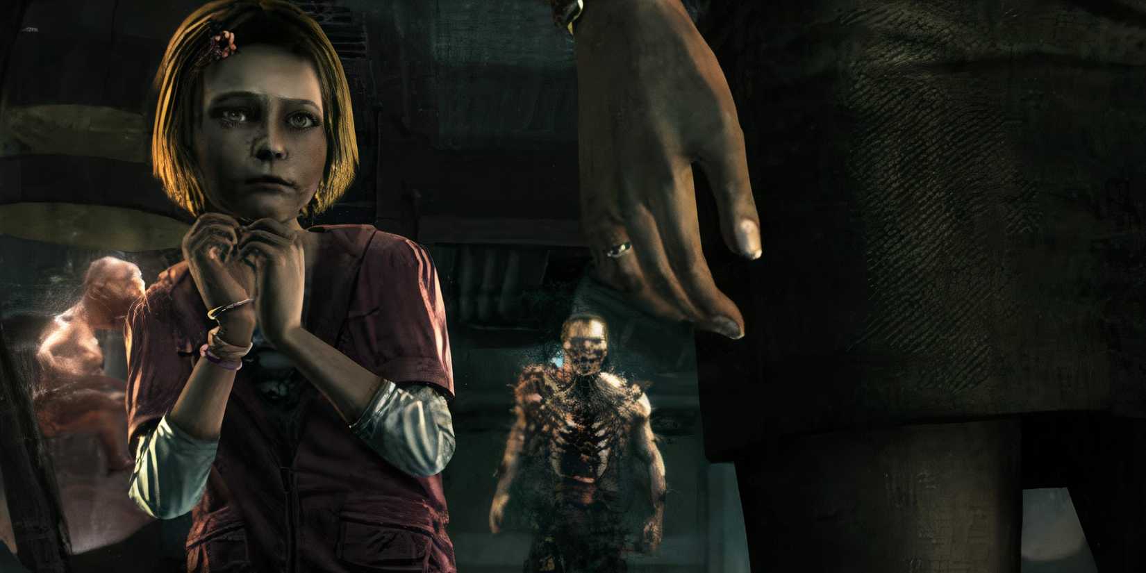 Amy looked frightened with zombies behind them