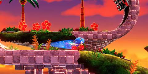 Sonic running through evening green hill zone