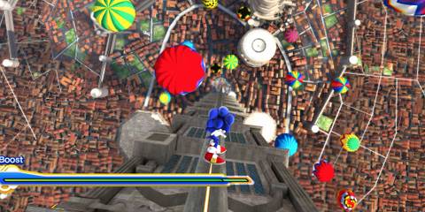 Sonic Unleashed skating down a building