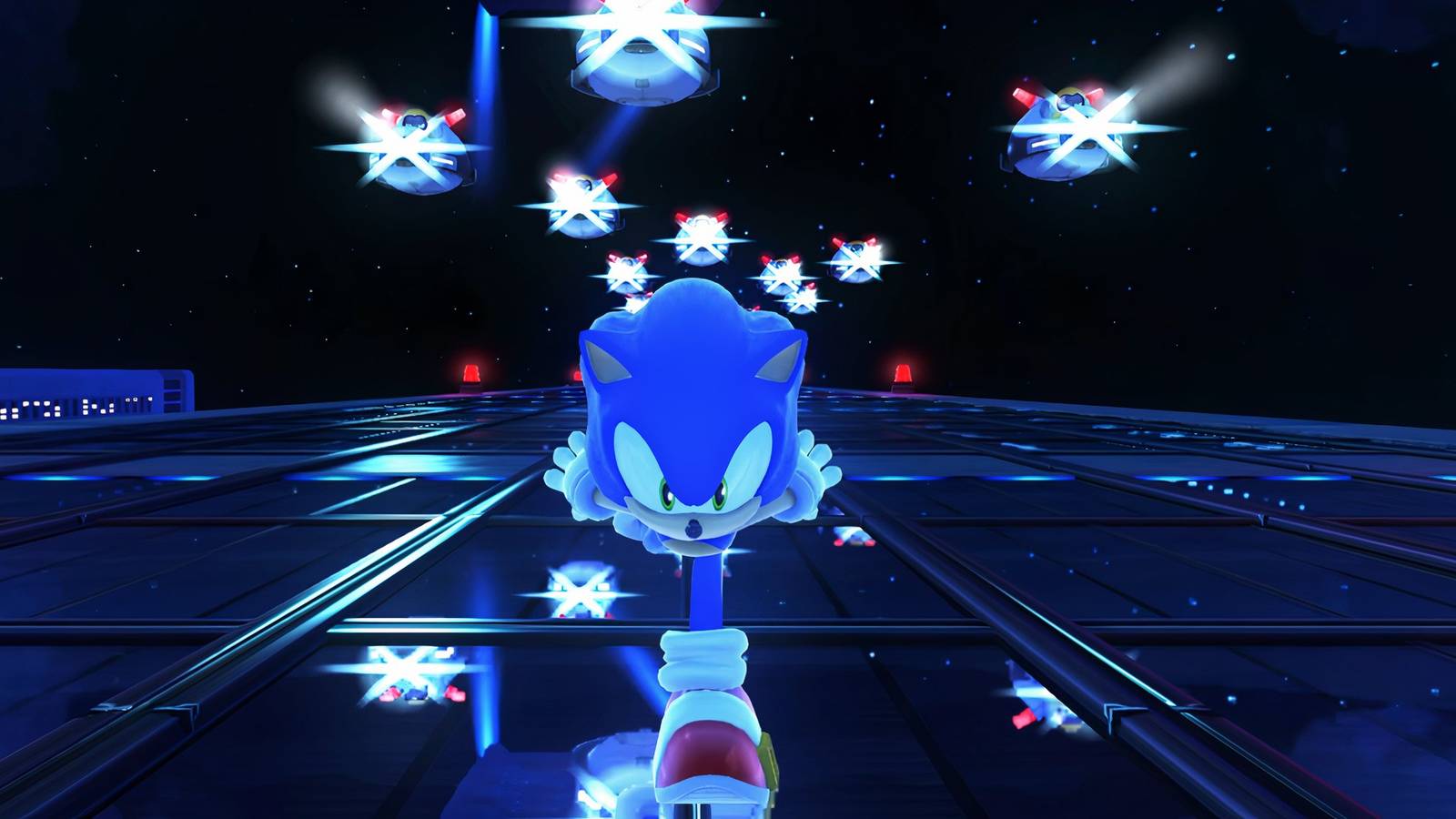 Sonic X Shadow Generations running down. abuilding with bots chasing him 
