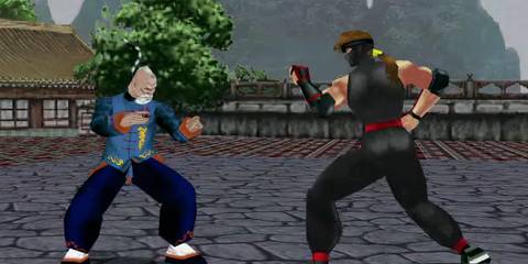 Two fighters in a courtyard