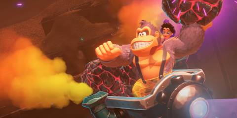 DK hurling magma balls on a minecart Donkey Kong Bananza