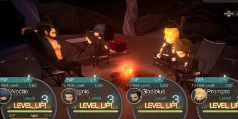 Party leveling up at a campfire in FF15 Pocket Edition