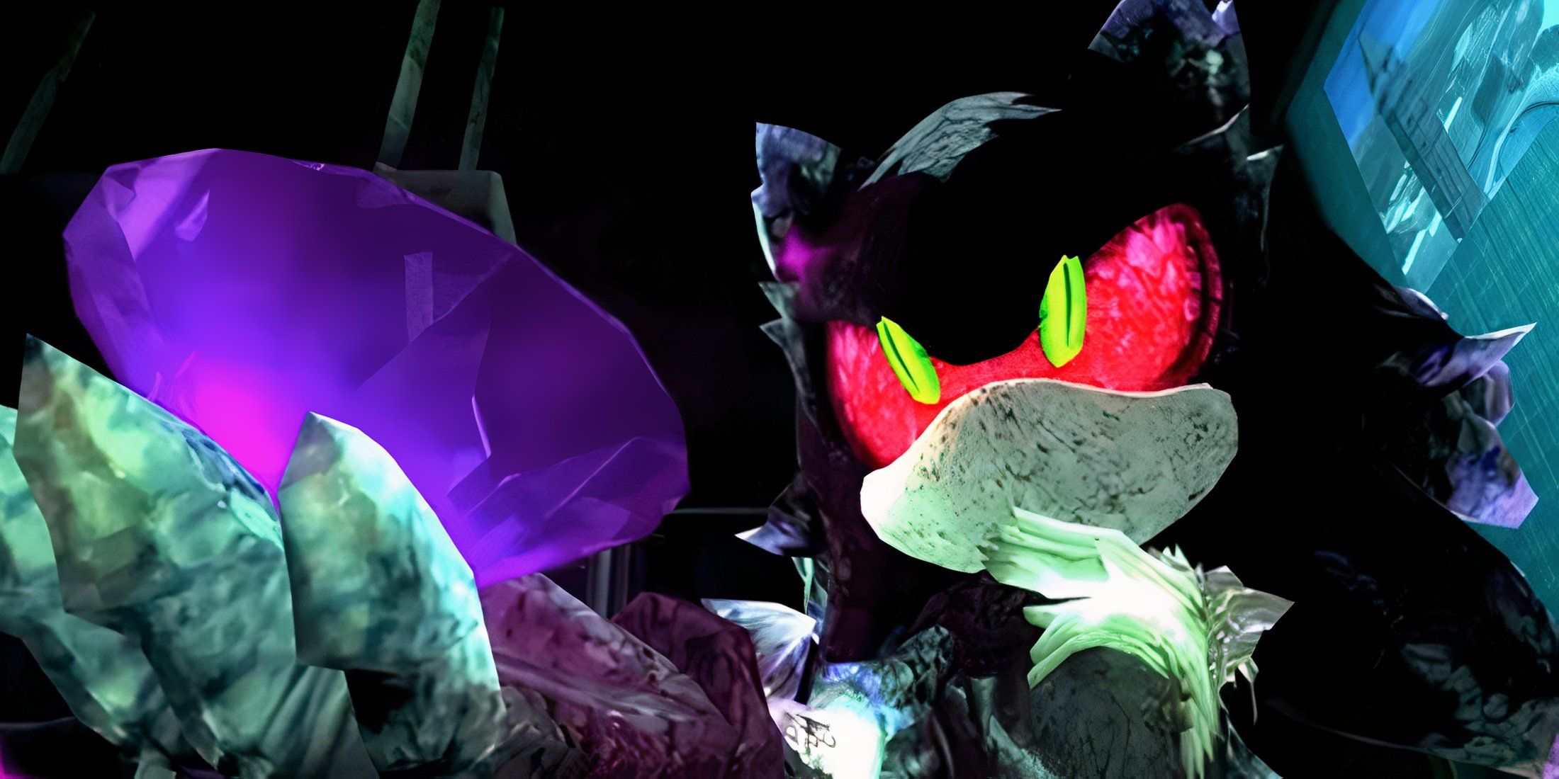 Mefili che tiene fuori uno smeraldo viola