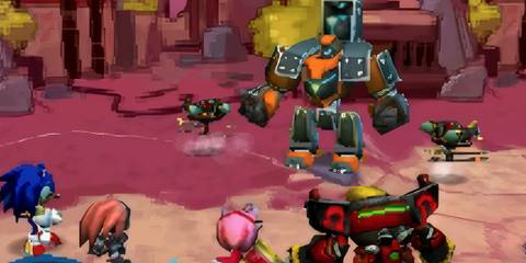 Sonic andparty fighting a mech