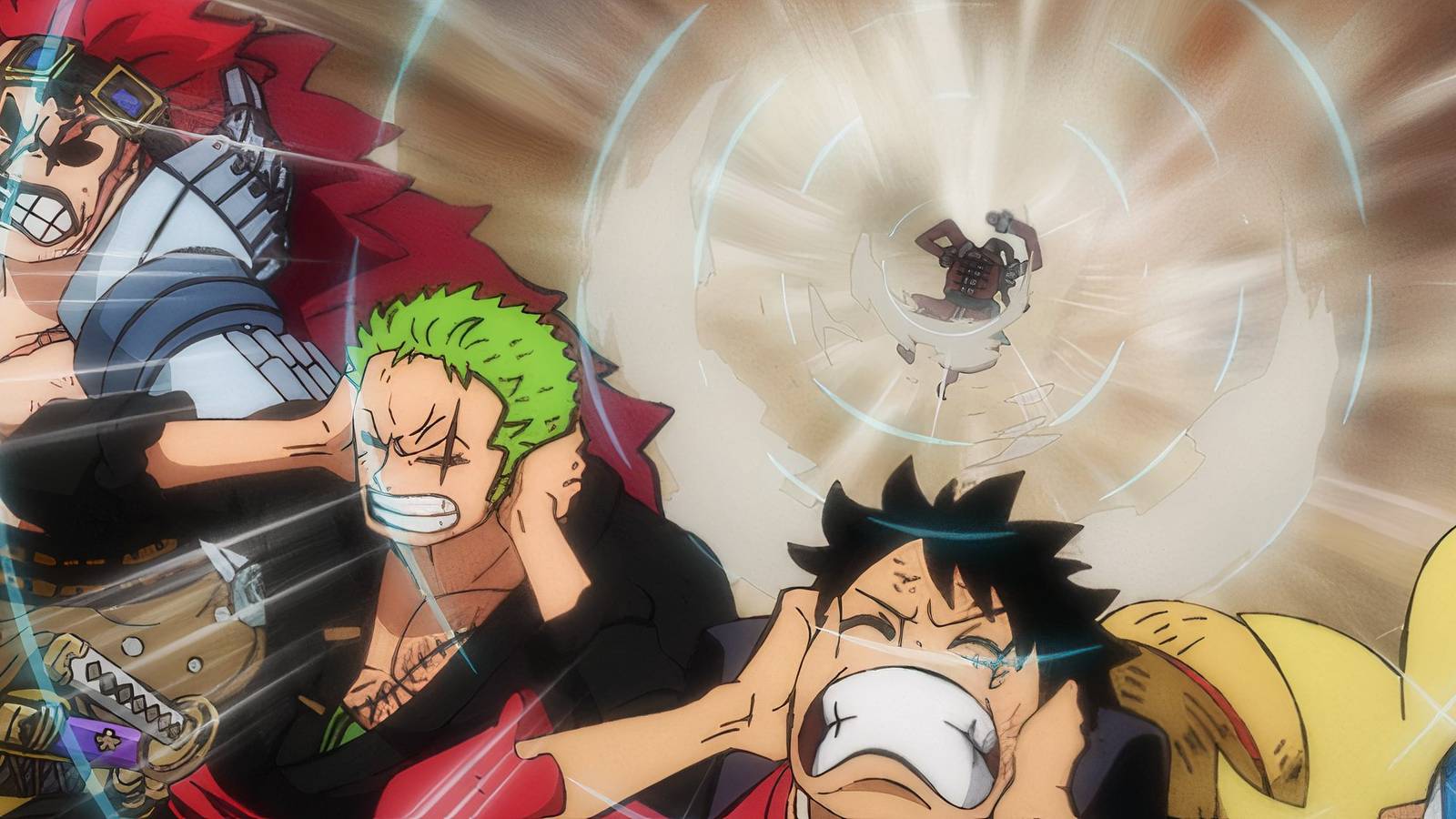 Luffy and Zoro covering thei ears from Apoo's attack in One Piece