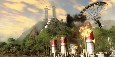 Player parachuting over explosive cannisters