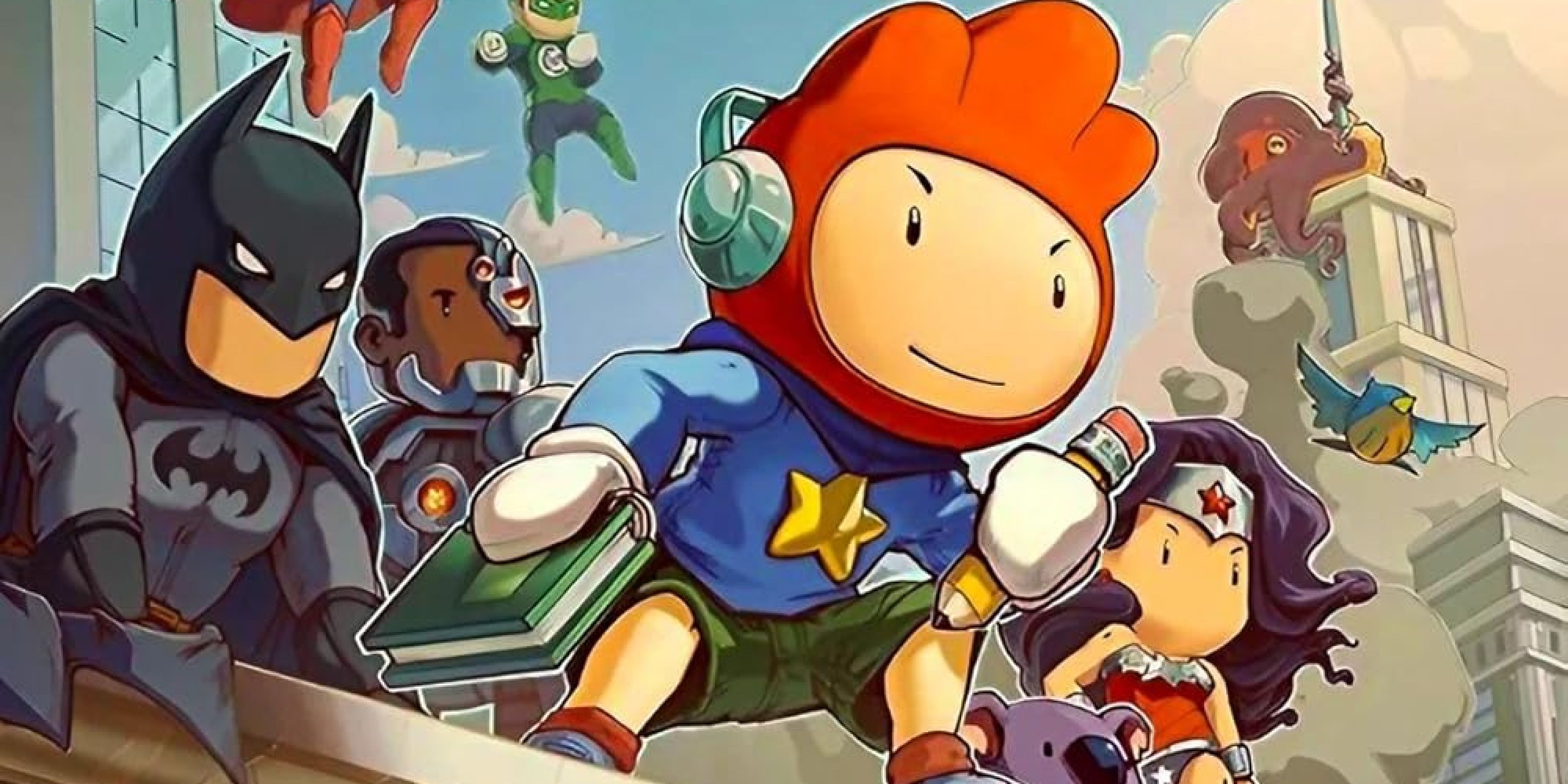 Maxwell posing with the Justice League in Scribblenauts Unmasked: A DC Comics Adventure