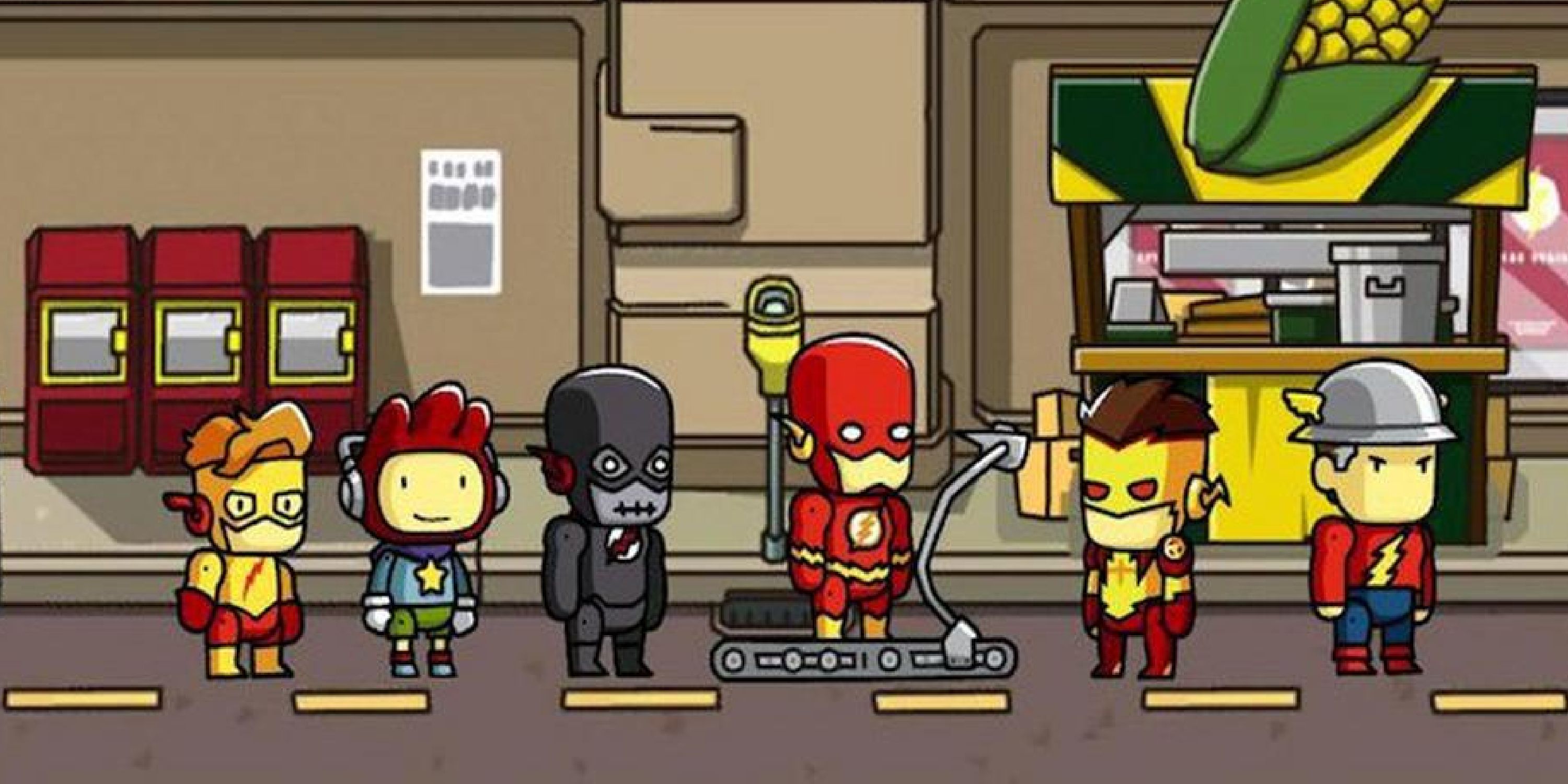Maxwell with the many versions of the Flash in Scribblenauts Unmasked: A DC Comics Adventure